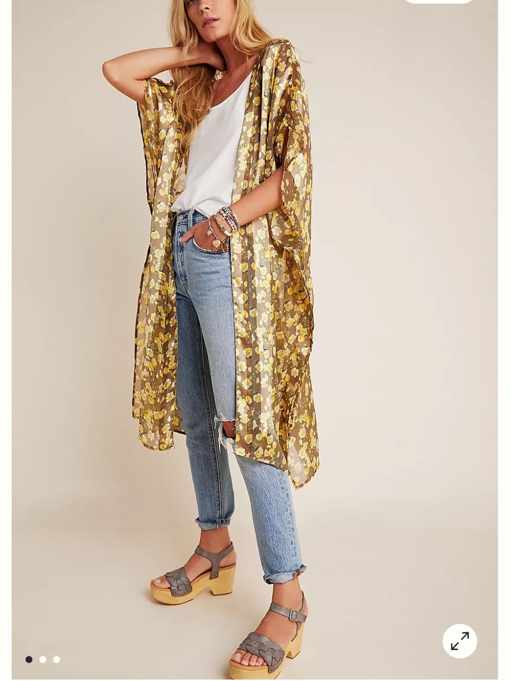 Anthropologie Isolde Kimono Yellow Floral One Size